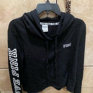 pink victoria’s secret black cropped hoodie